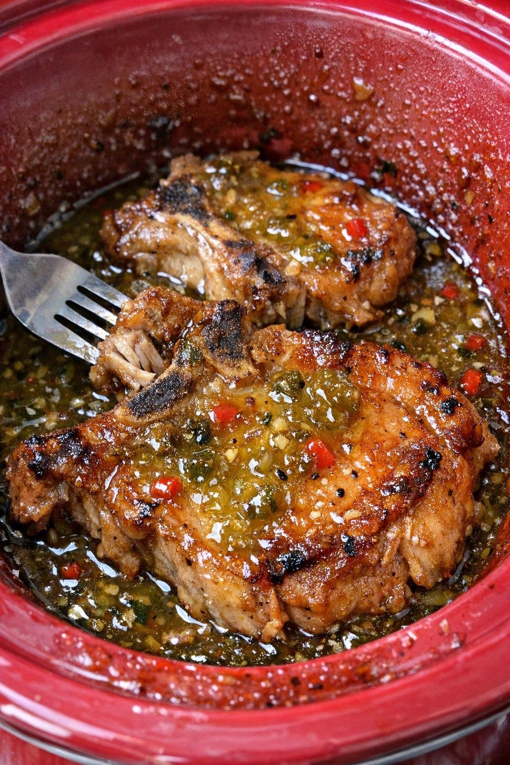 Slow cooker pepper jelly pork chops in a red slow cooker