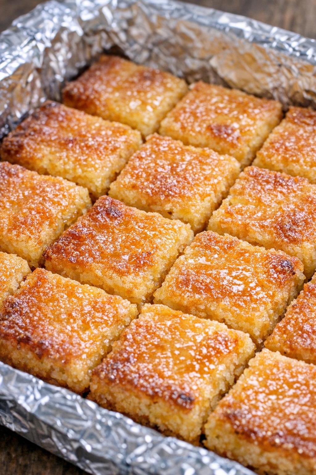 Southern 3-ingredient golden cheddar squares in a foil-lined baking tray