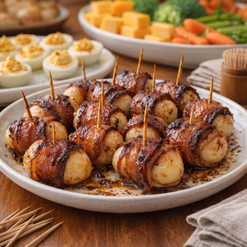 Family-style serving plate of bacon wrapped water chestnuts with simple low-carb sides