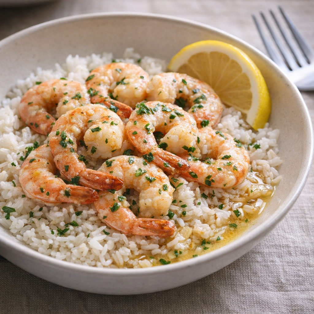Shrimp served over rice with lemon and parsley