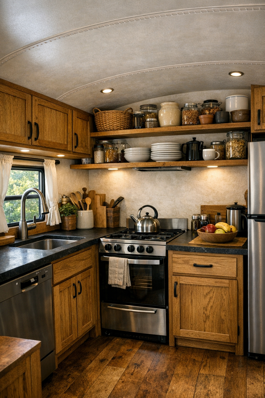 Thoughtfully designed bus kitchen with oak cabinetry, dark counters, and efficient off-grid details