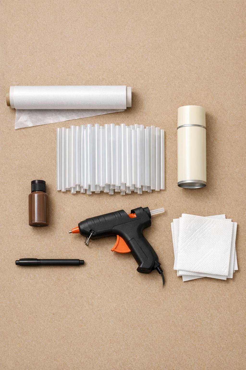 Materials for making hot glue skeleton hands laid out on a craft table