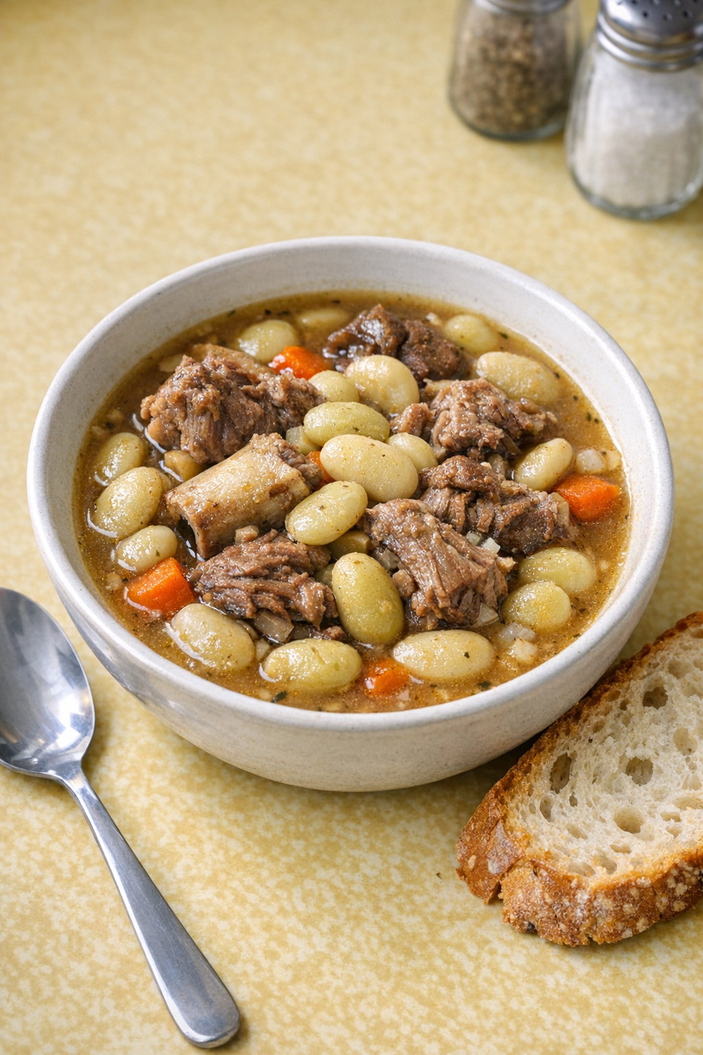 Finished poor man’s stew with beef and lima beans in a rustic bowl