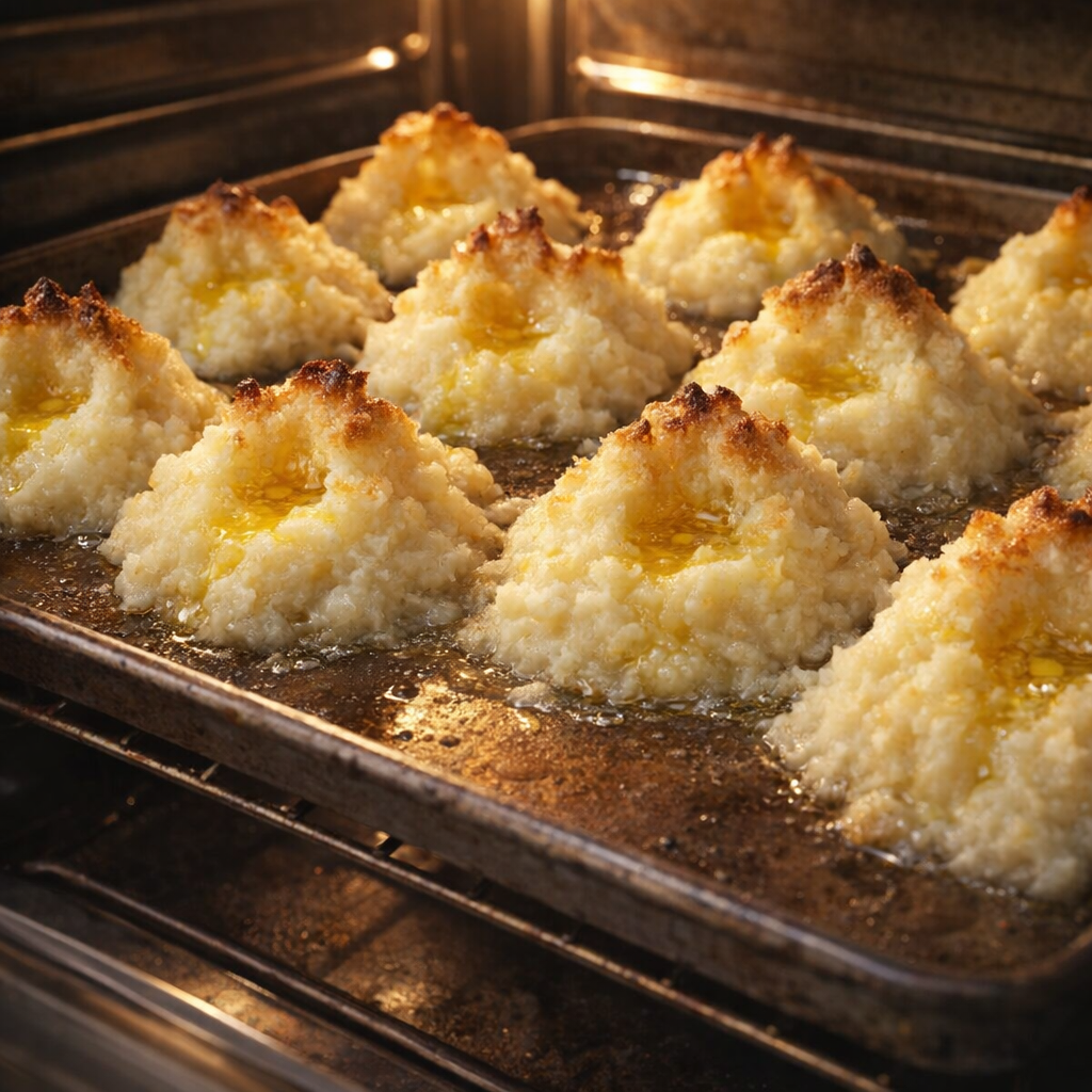 Potato volcano bakes browning in the oven
