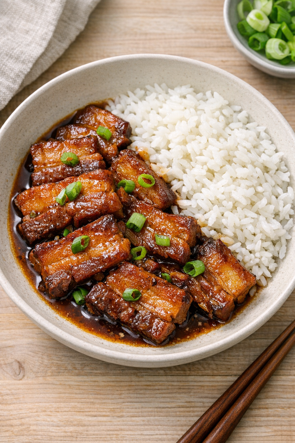 Finished slow cooker pork belly plated with rice