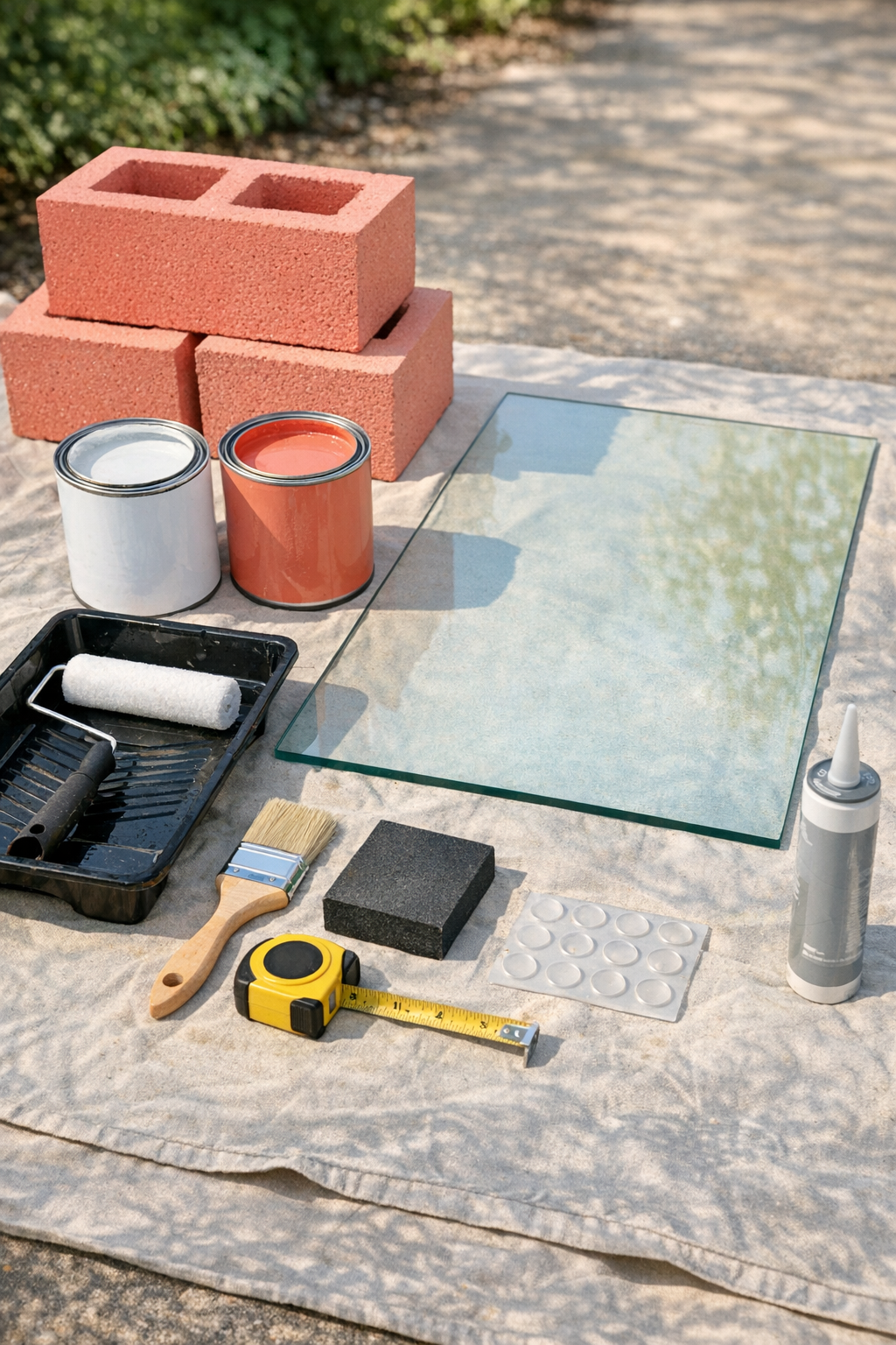 Materials for a painted cinder block and glass outdoor coffee table