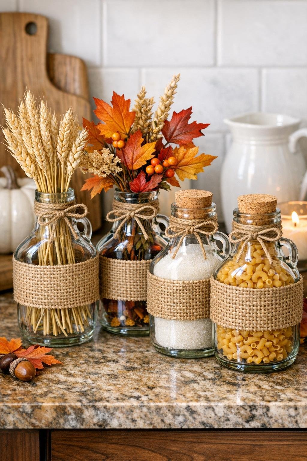 Finished autumn kitchen storage set made from four burlap-wrapped maple syrup bottles