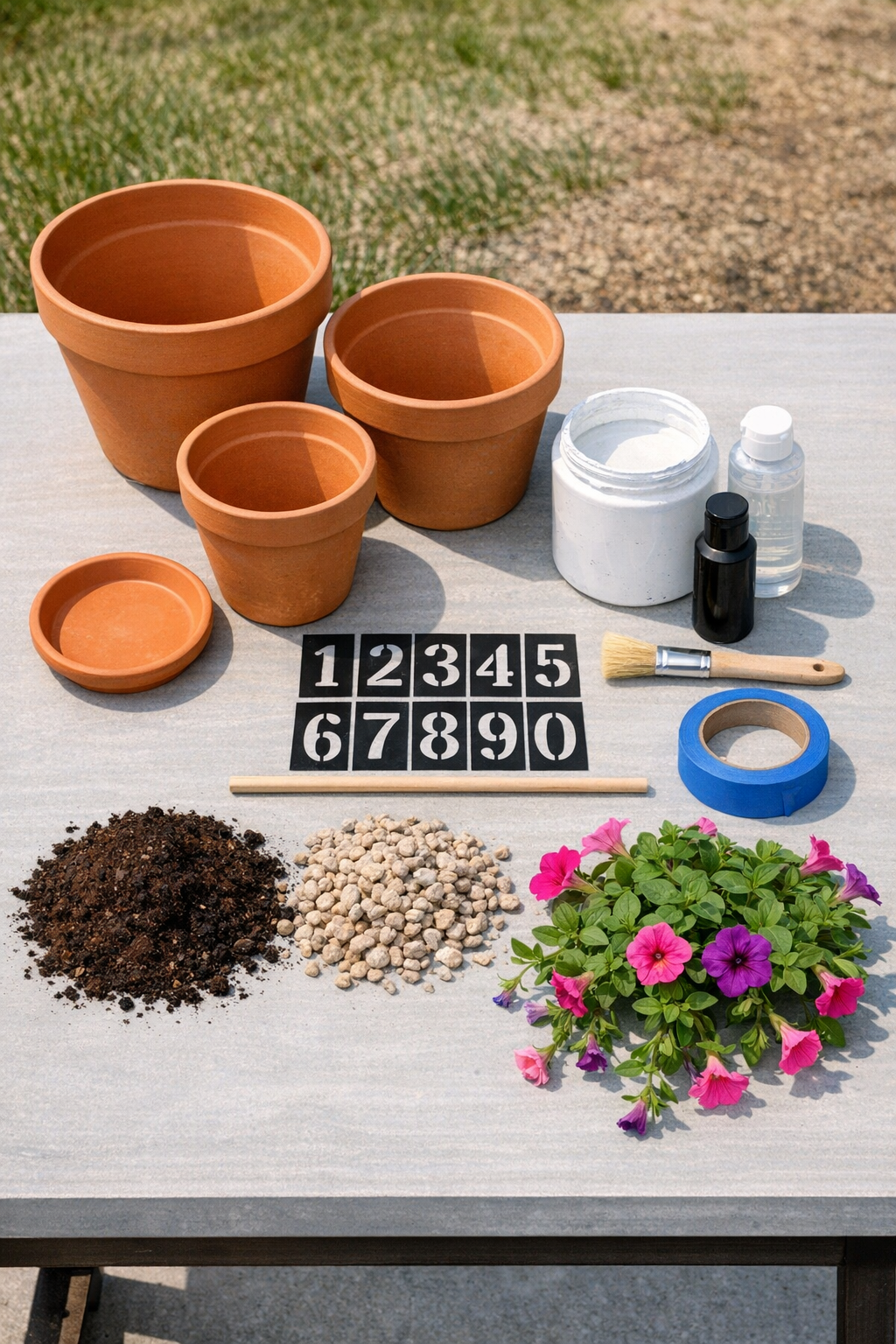 Terracotta pots, paint, stencils, soil, and petunia plants laid out for the project