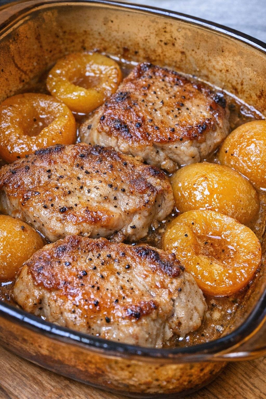 Finished pork and peach casserole in an amber baking dish