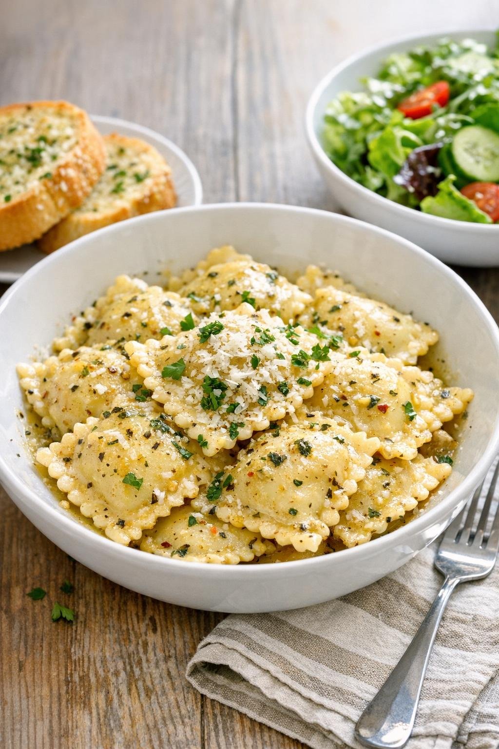 Italiaanse ravioli met boter, Parmezaanse kaas en eenvoudige bijgerechten, geserveerd op een bord.