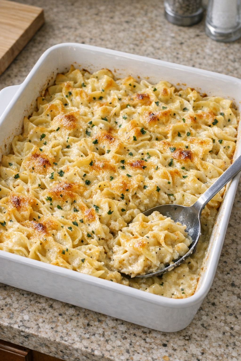 Finished baked creamy Italian noodles in a casserole dish