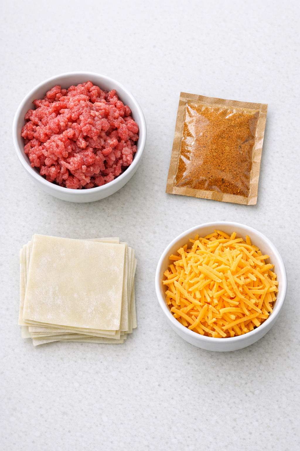 Ground beef, taco seasoning, wonton wrappers, and cheddar cheese