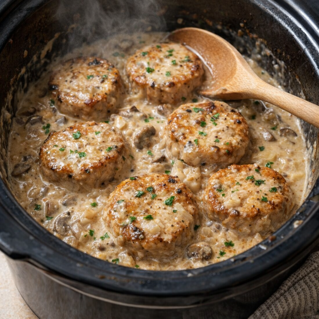 Slow cooker pork medallions in creamy gravy