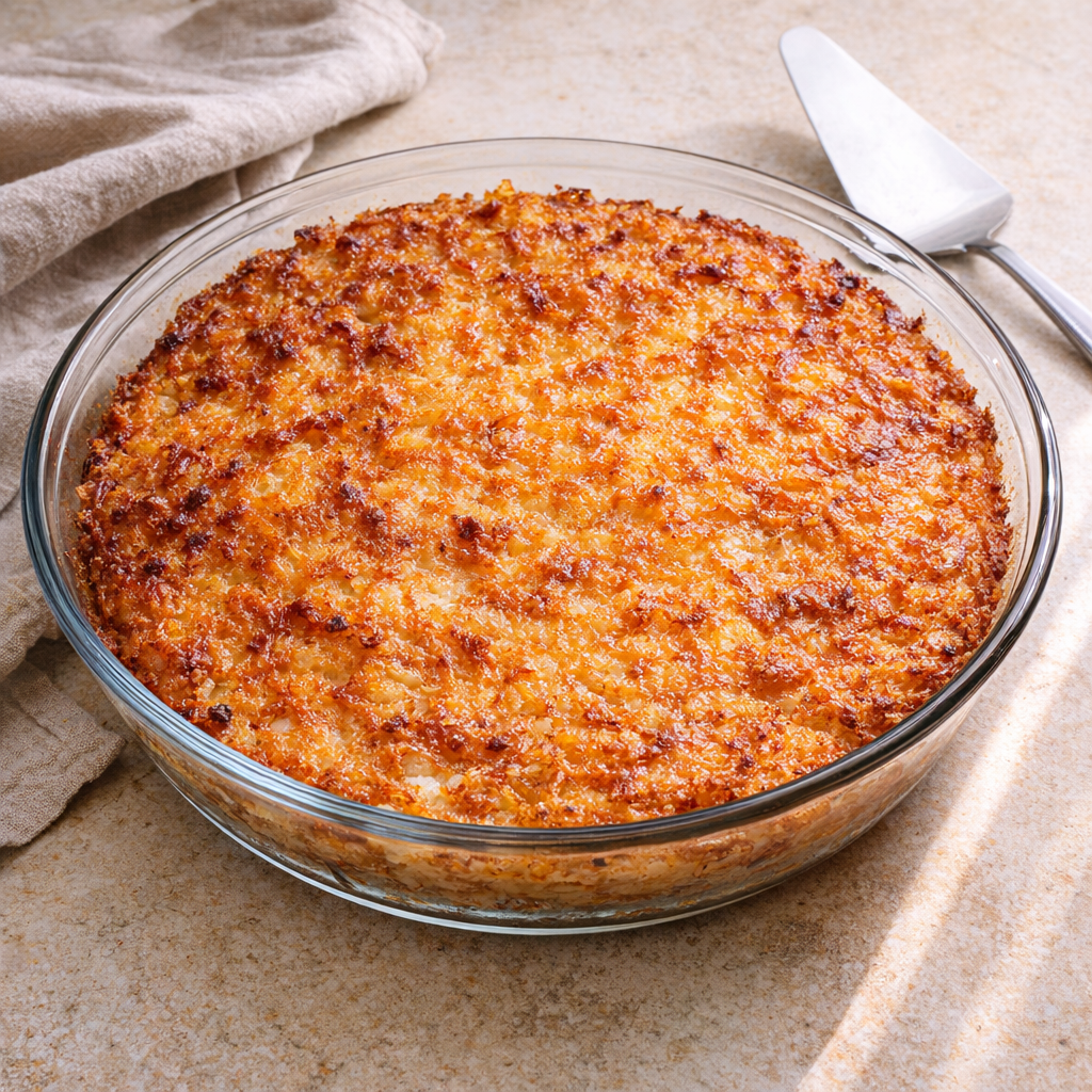 Golden hash brown pie in a glass dish on a kitchen counter