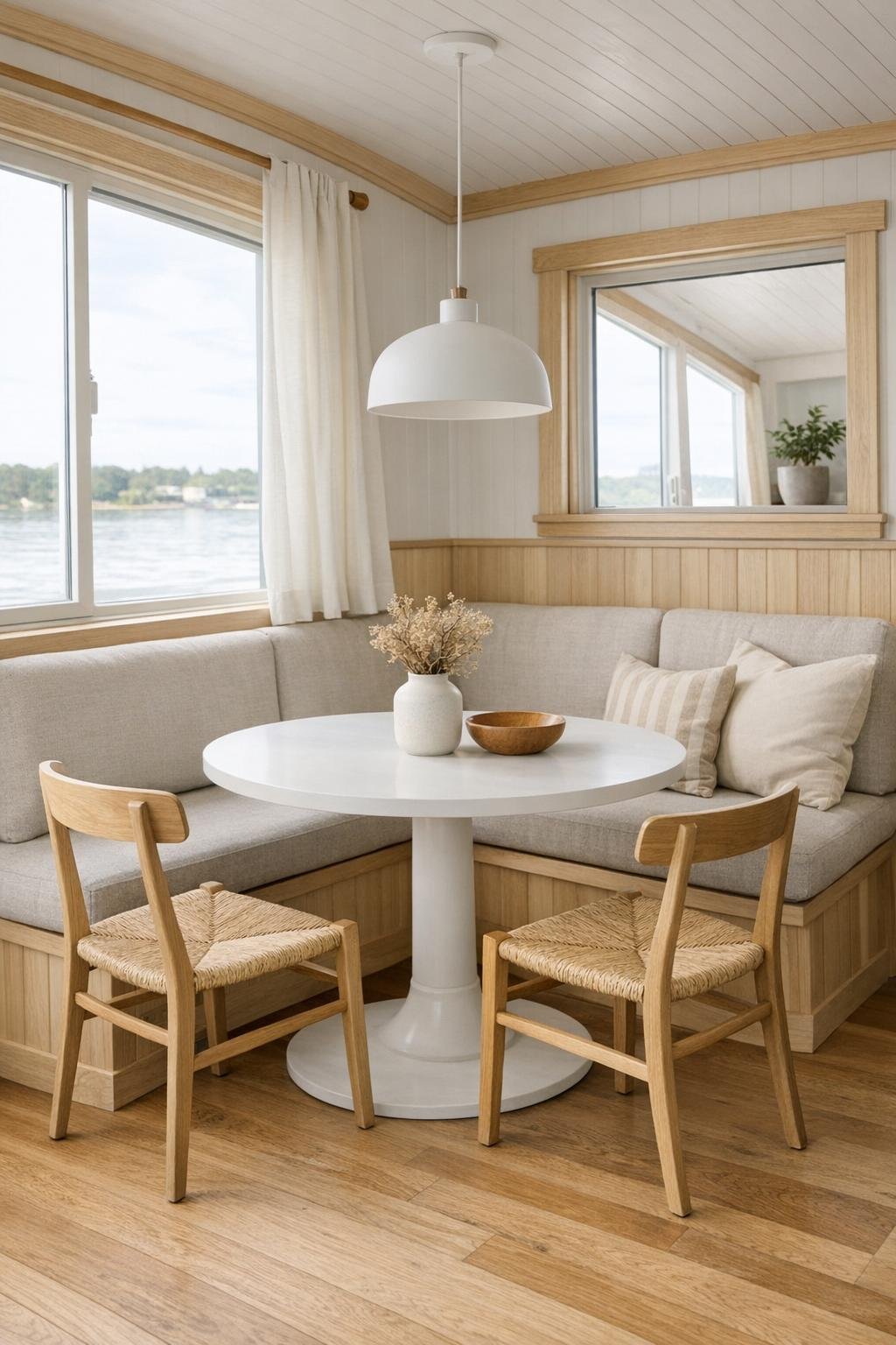 Compact dining nook with a built-in banquette, round pedestal table, and a simple pendant light