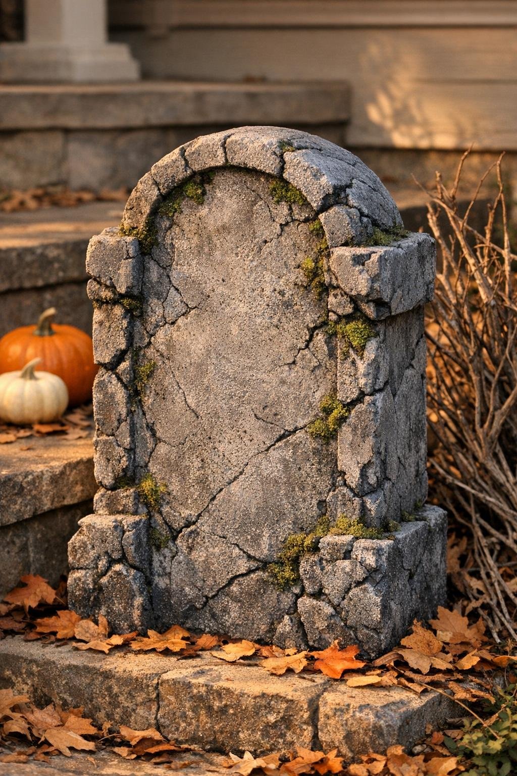Finished crumbling stone tombstone made from a foam-covered cardboard box