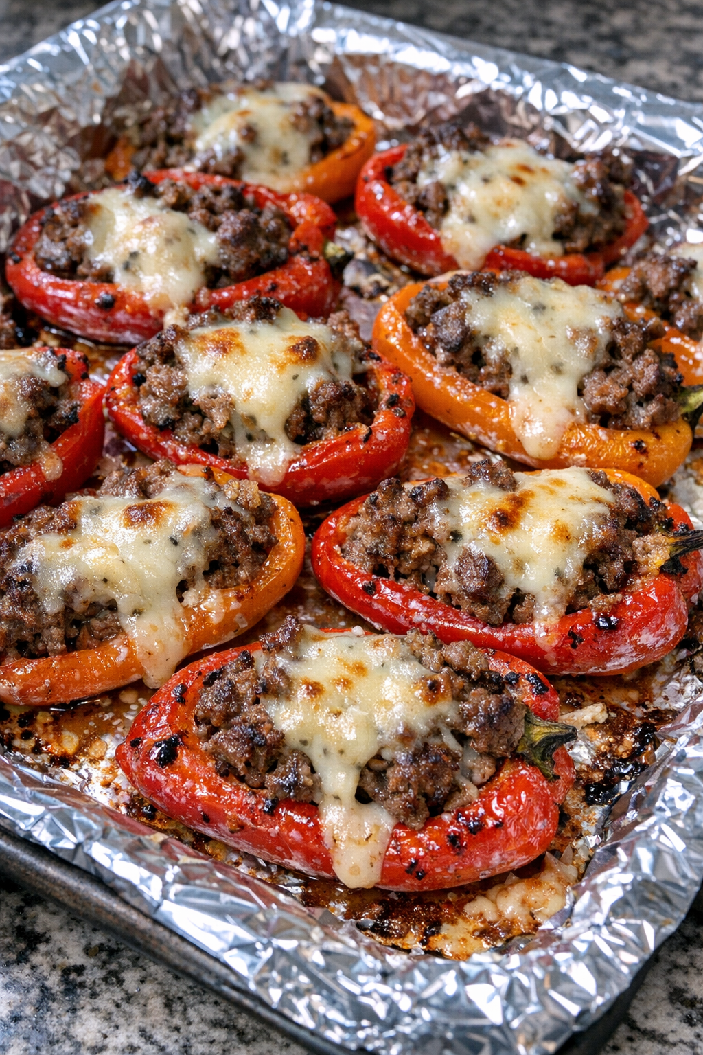 Oven baked 3-ingredient beef stuffed peppers on a foil-lined baking sheet