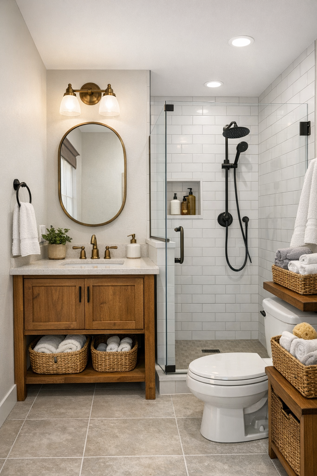 Charming small bathroom with a wood vanity and simple tile shower