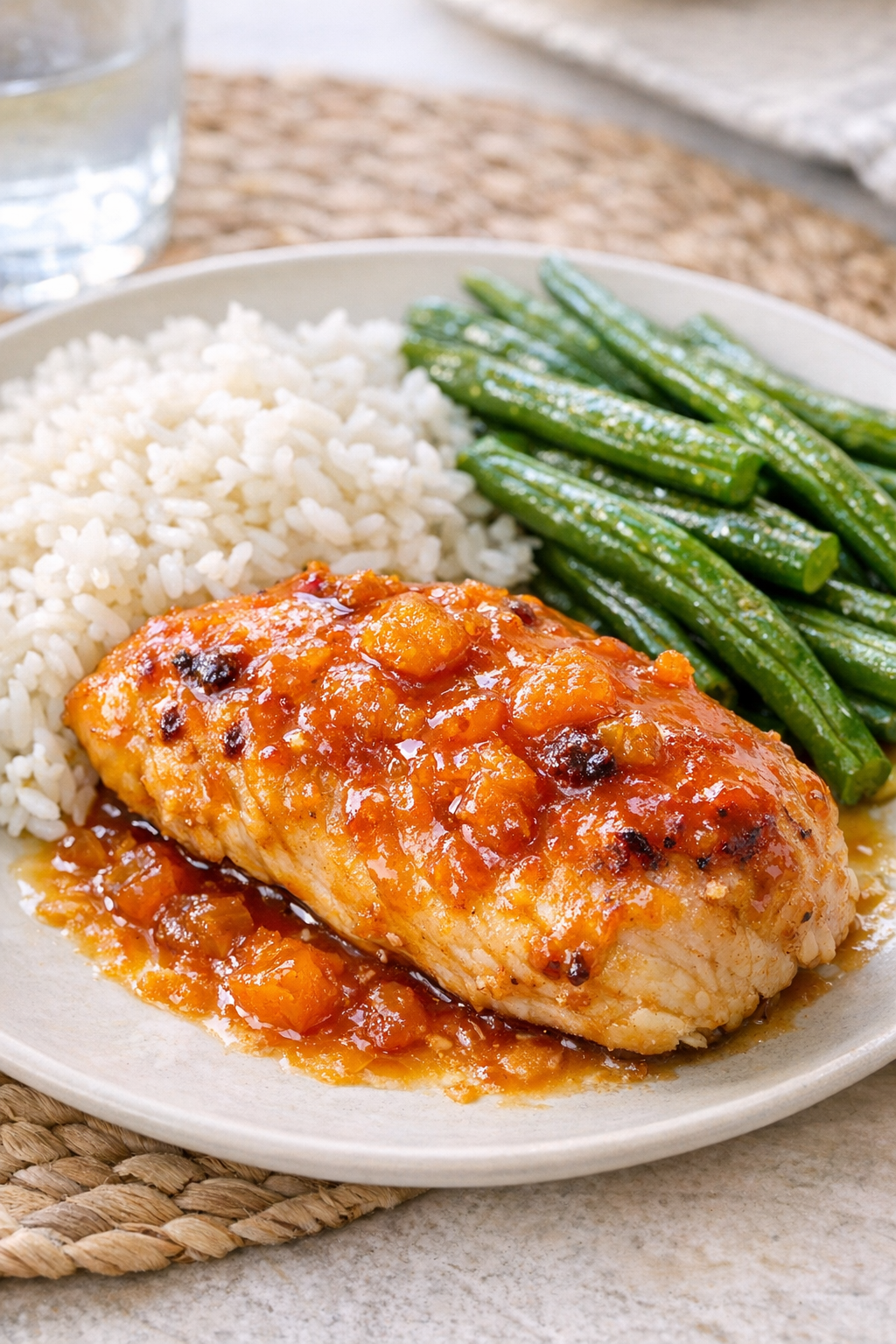 Plated apricot chicken with rice and green beans