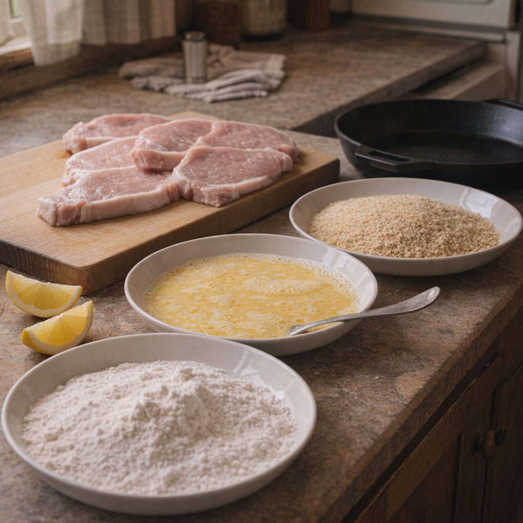 Breaded schnitzel ingredients arranged on a kitchen counter