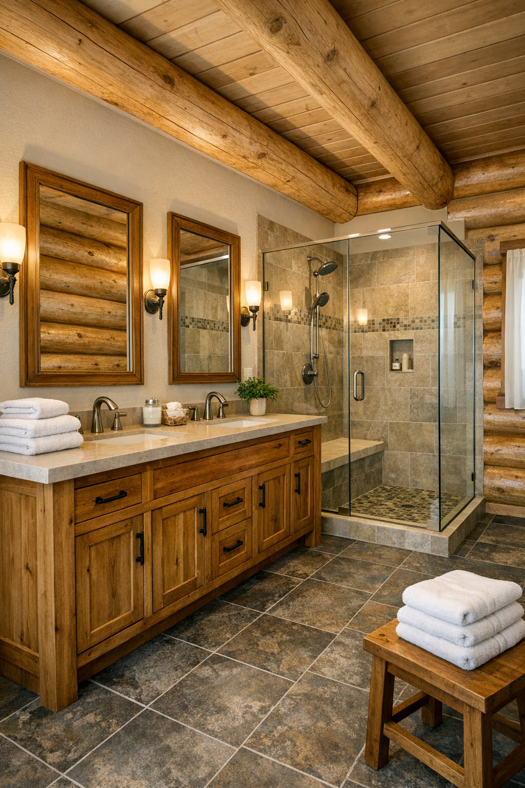 Timeless bathroom with wood vanity, pale stone top, and neutral walk-in shower
