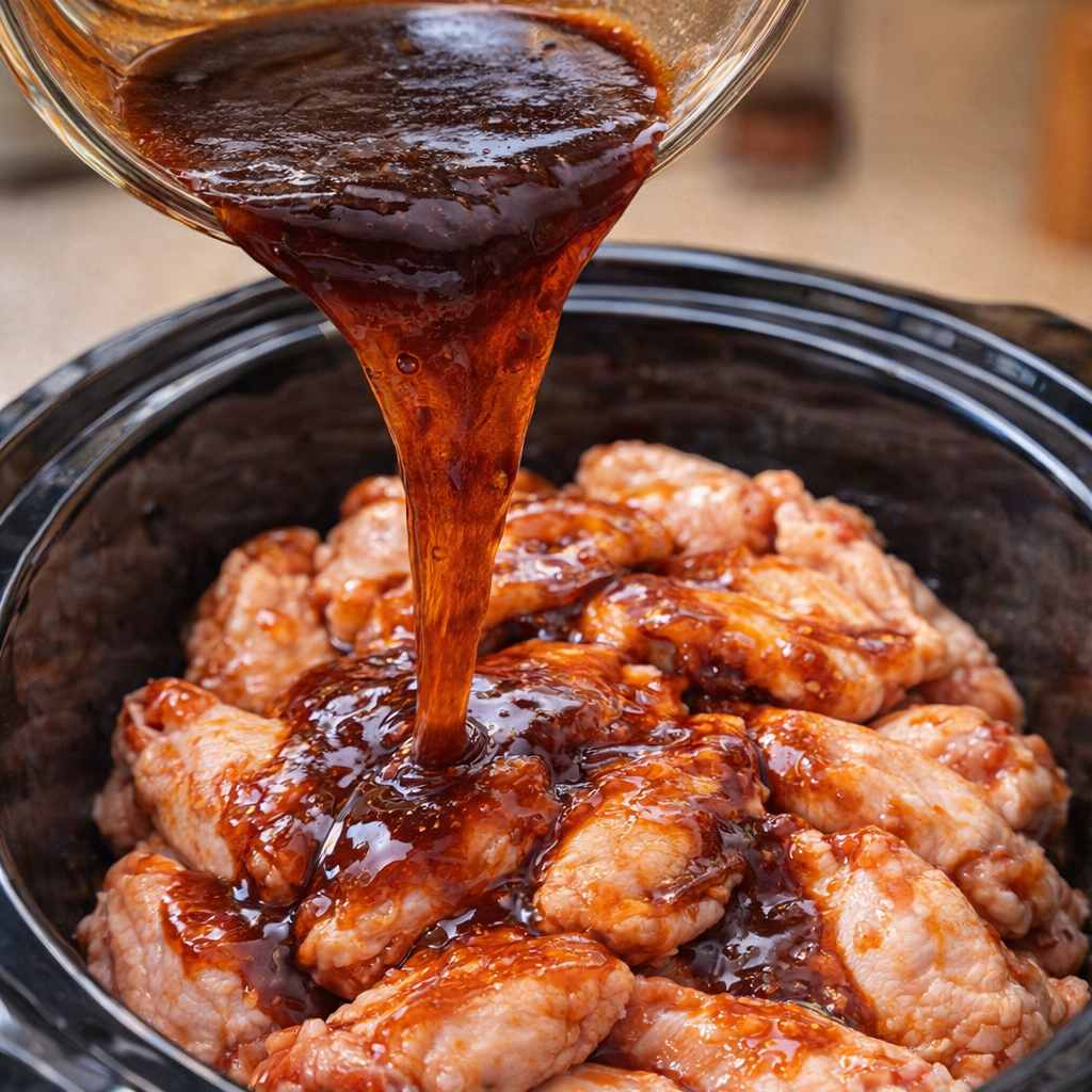 Barbecue honey sauce being poured over chicken wingettes