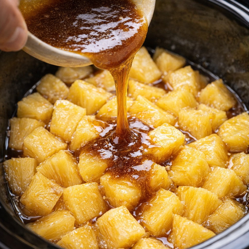 Brown sugar butter mixture being poured over pineapple