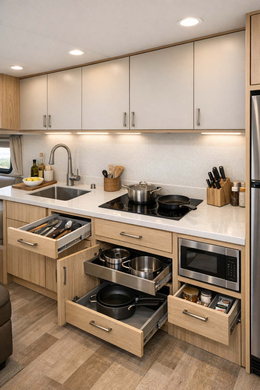 Modern accessible RV kitchen with solid-surface counters, pale oak cabinetry, and under-cabinet lighting