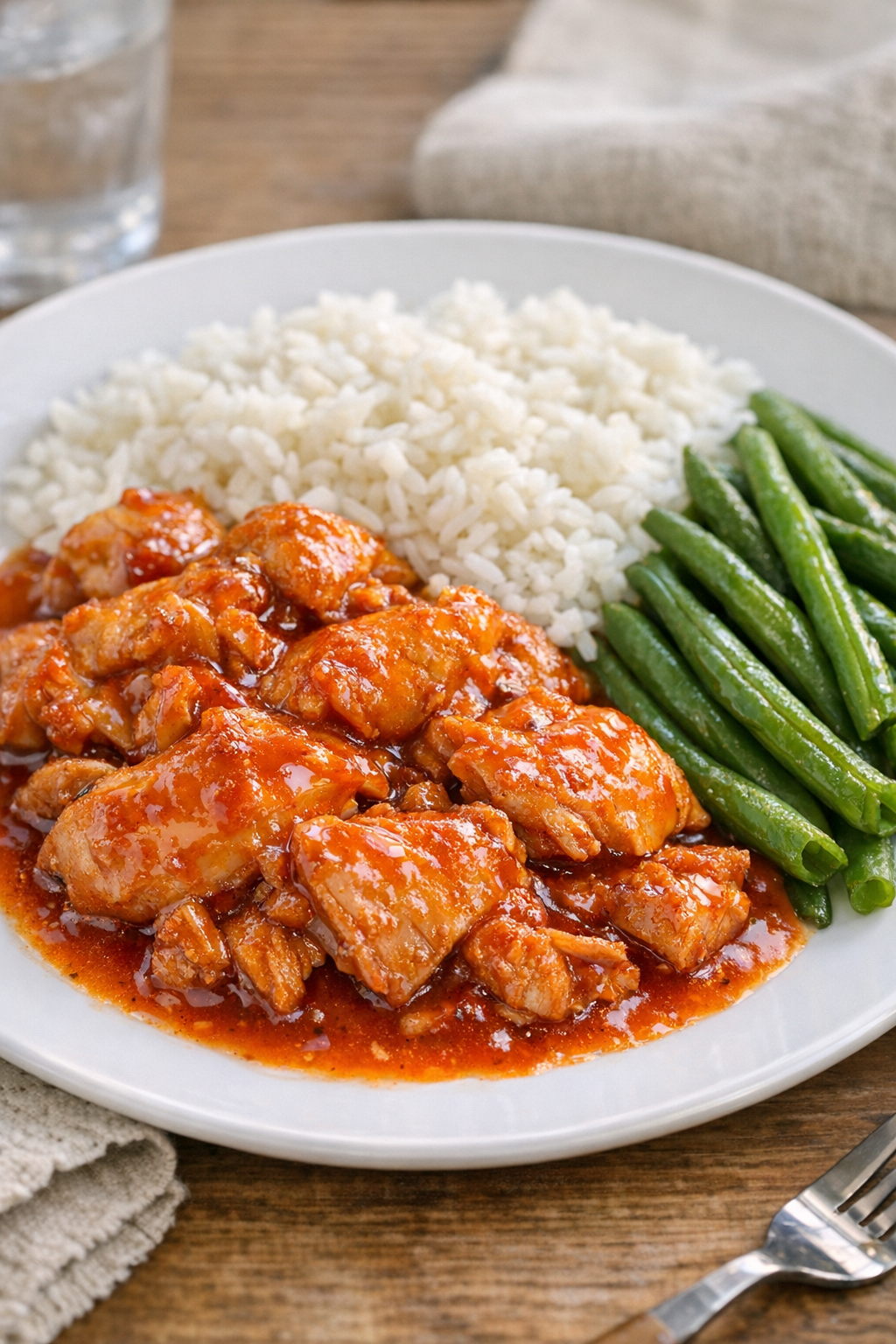 Finished slow cooker chicken plated with sauce
