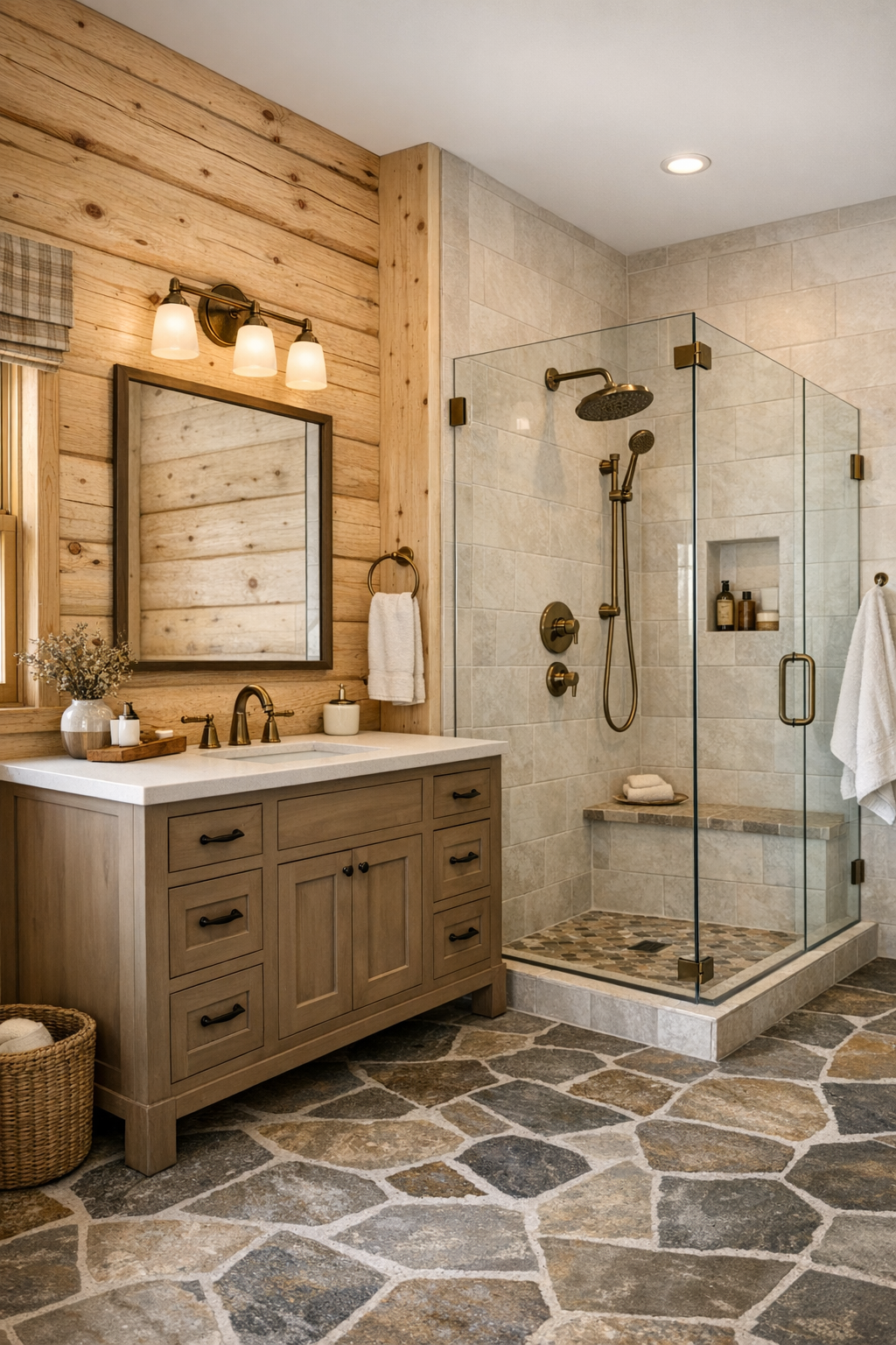 Calm bathroom with stone floors, warm vanity, and bright walk-in shower