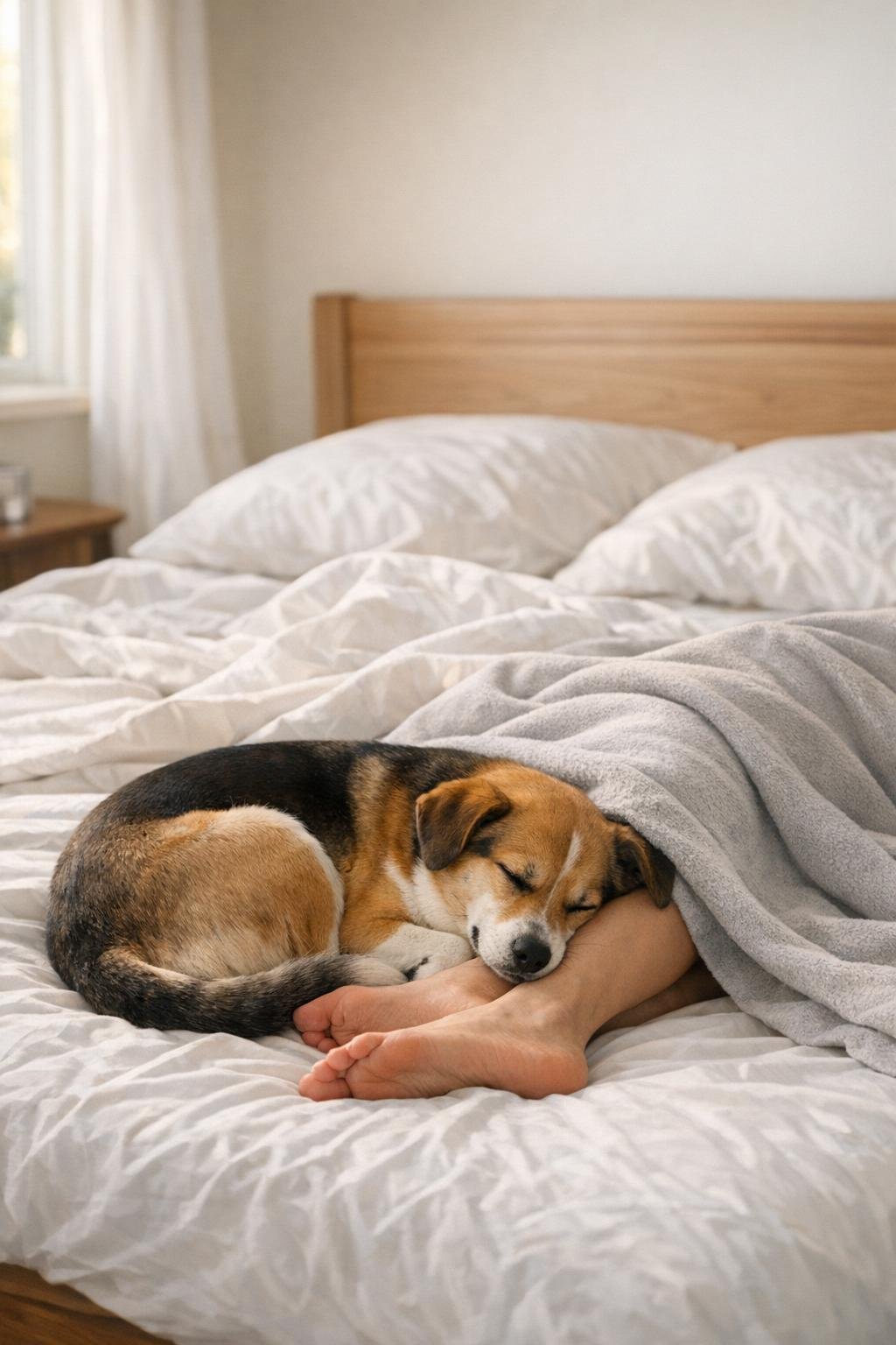A dog sleeping pressed against its owner's legs in bed