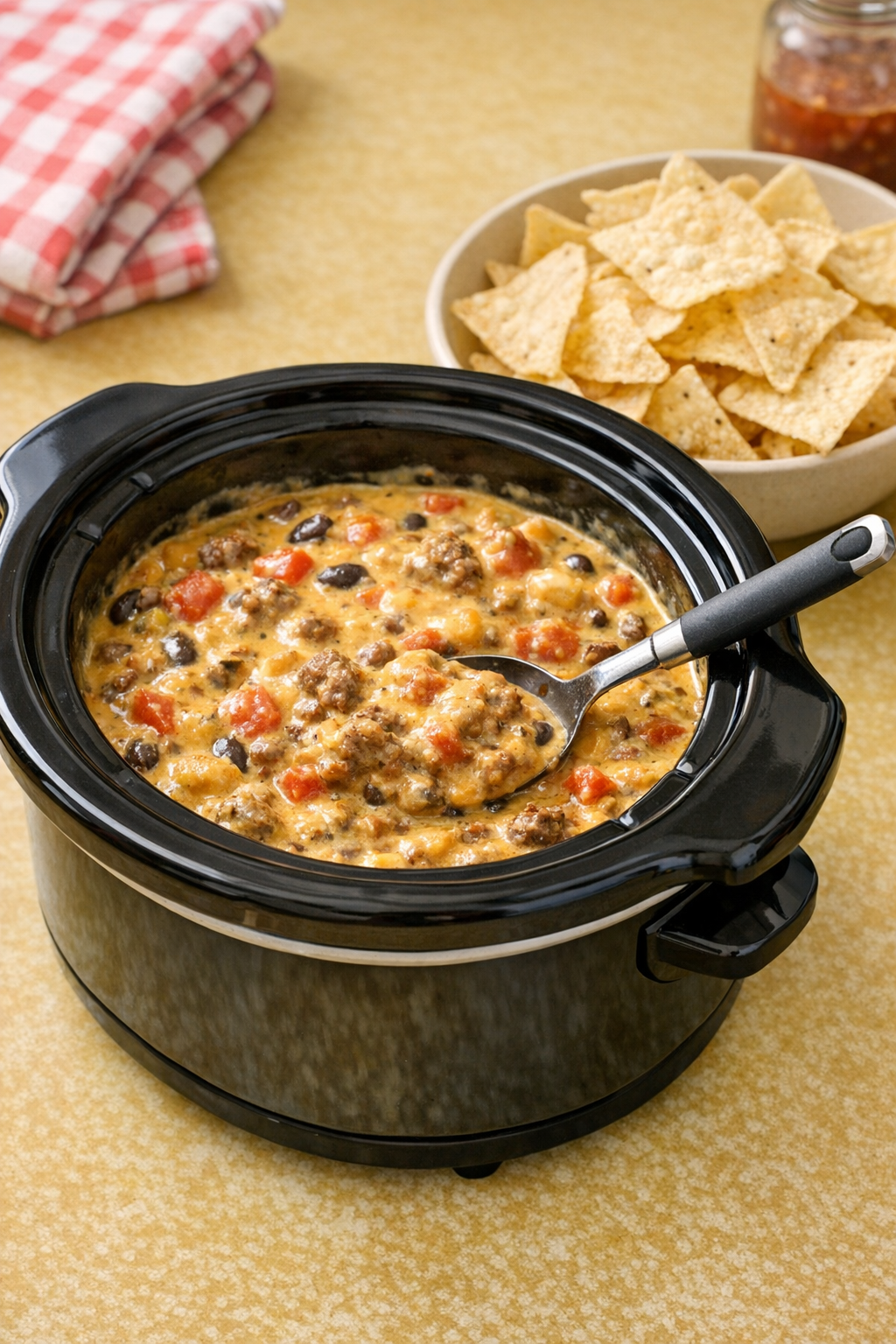 Finished fiesta dip in a slow cooker with chips for serving