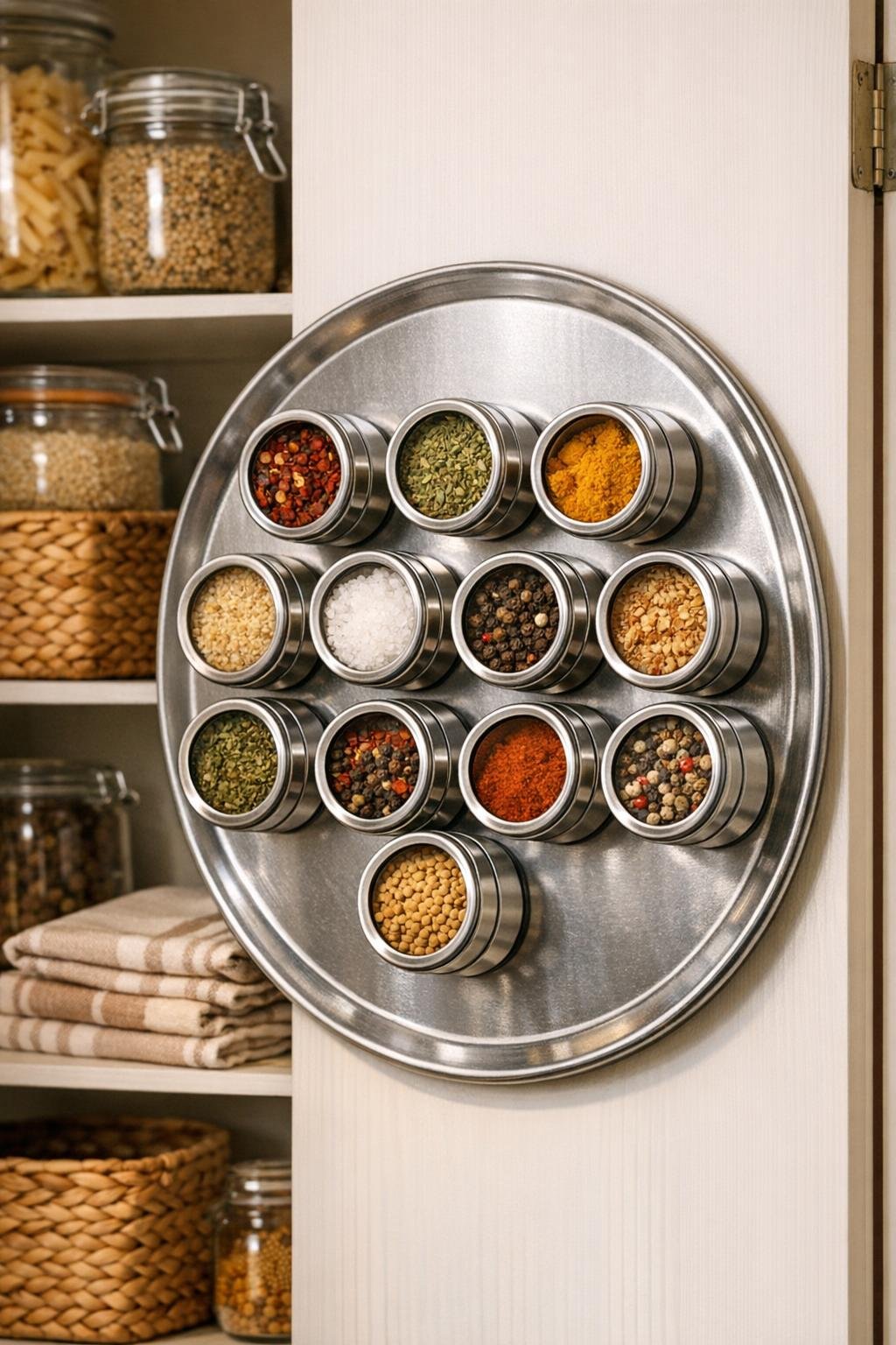 Finished magnetic spice jar rack on a pizza pan inside a pantry door