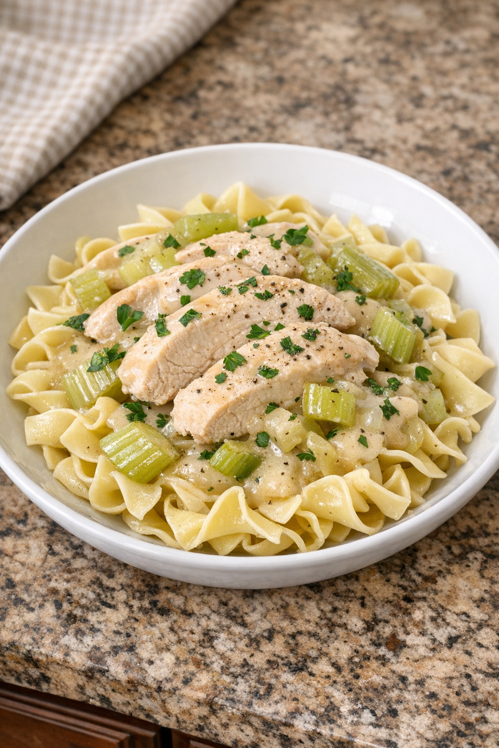Finished celery chicken pasta plated in a shallow bowl