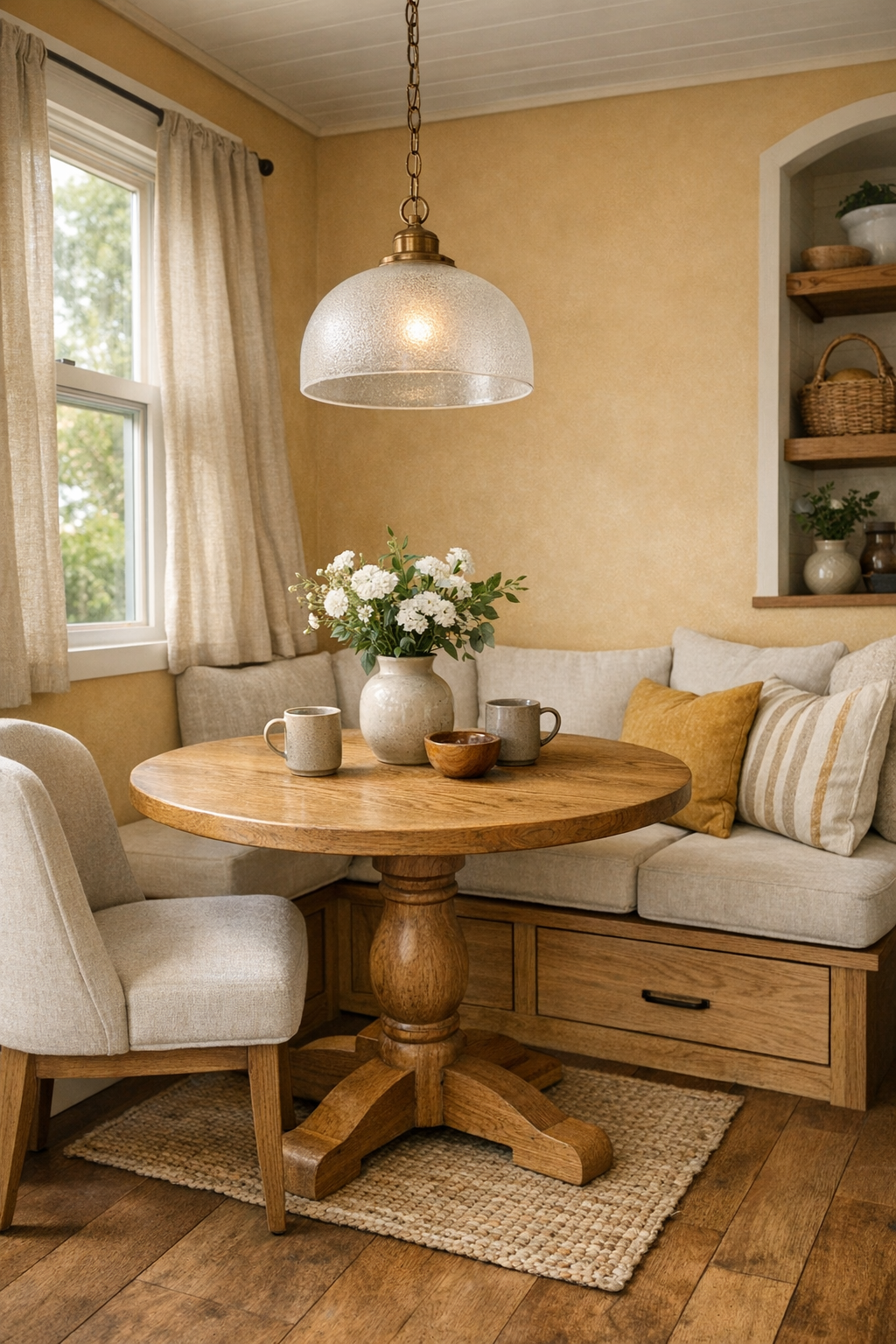 Tiny home dining nook with round oak table, upholstered chairs, and built-in banquette