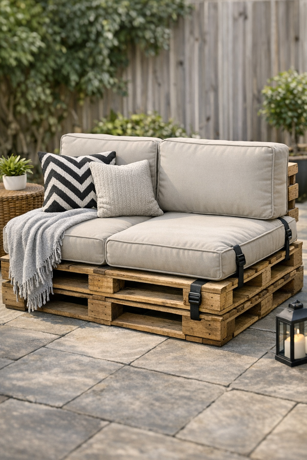 Finished outdoor pallet lounge daybed with cushions