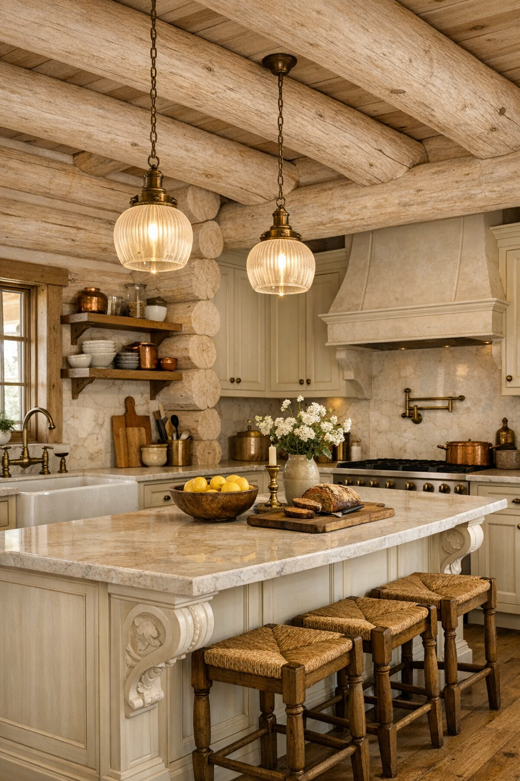 Kitchen with cream marble counters, warm ivory cabinetry, and white ash timber shelving
