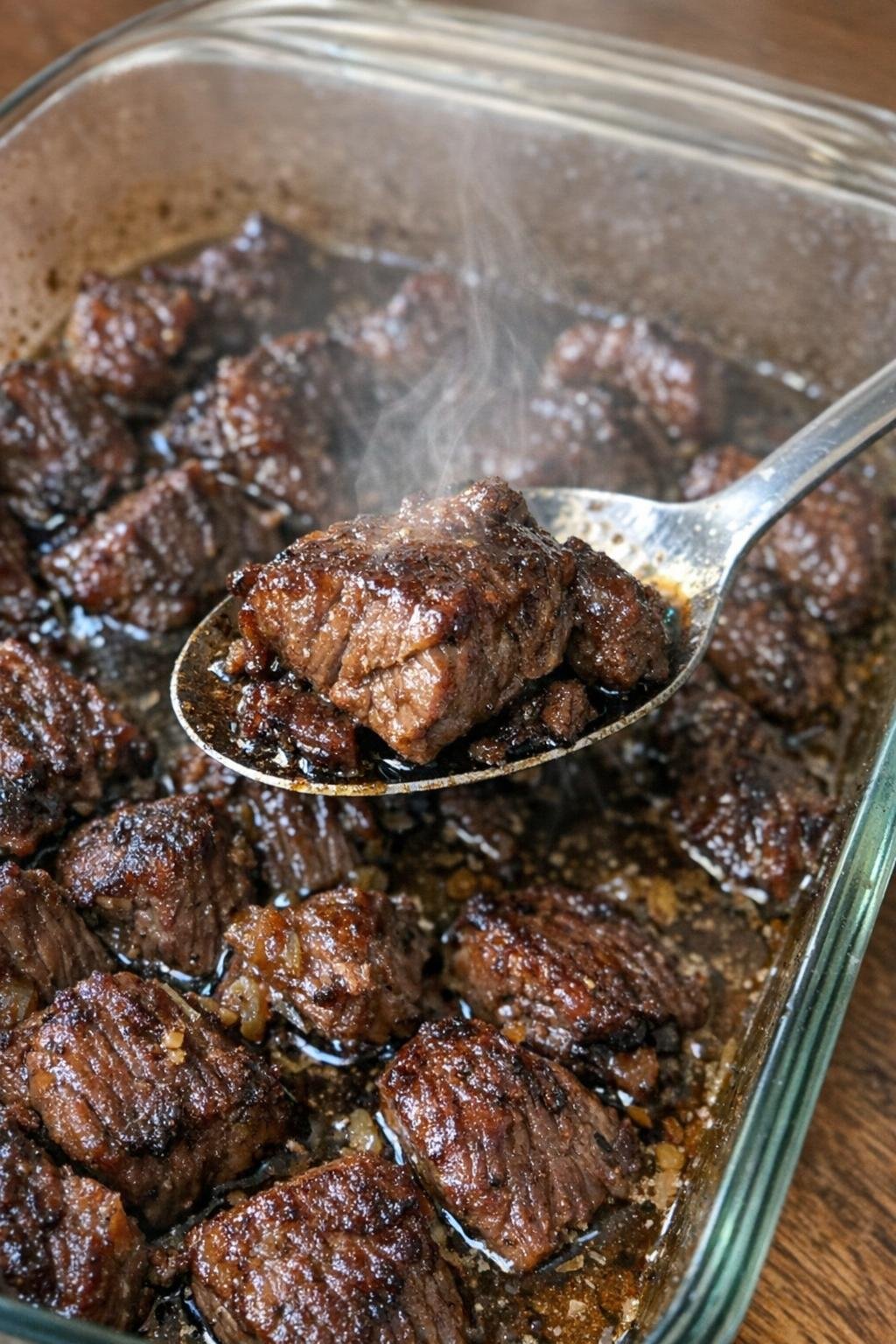 Tender beef bites in a glass casserole dish