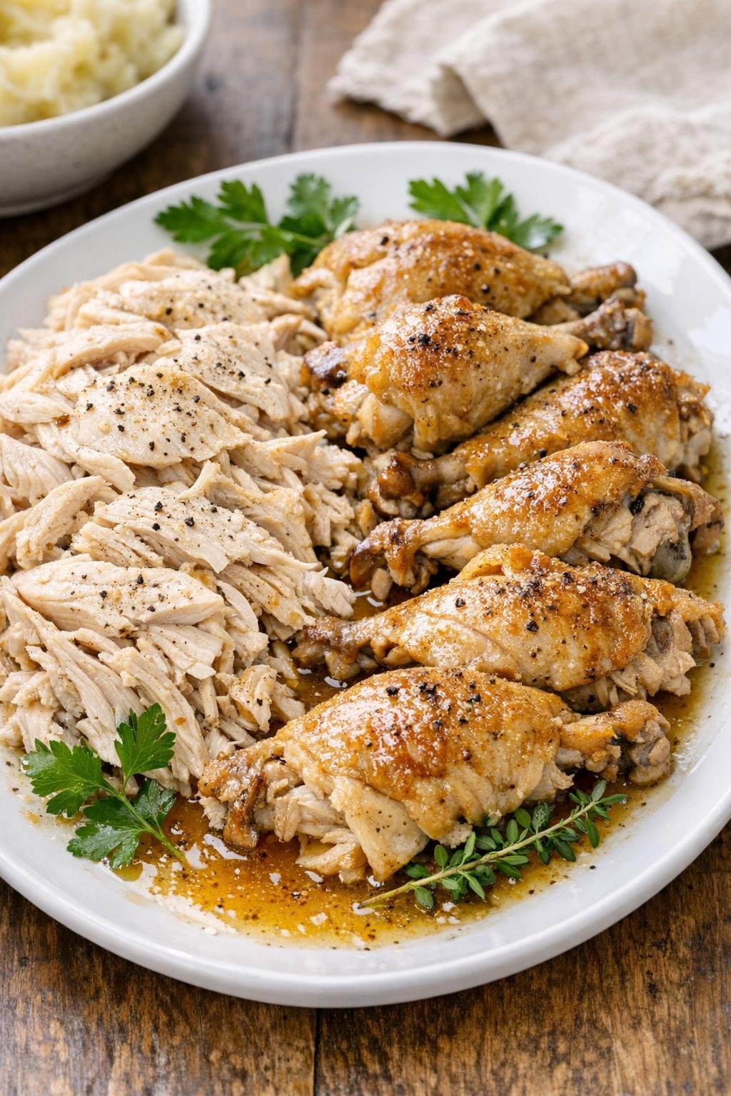 Carved chicken with visible black pepper seasoning