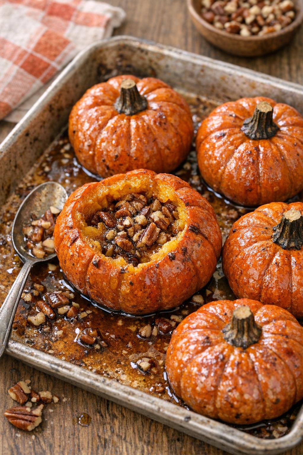Baked stuffed miniature pumpkins on a sheet pan