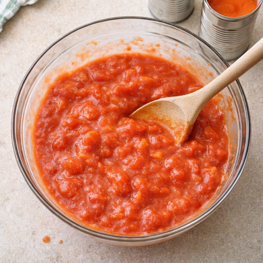 Tomato and soup mixture being stirred in a mixing bowl