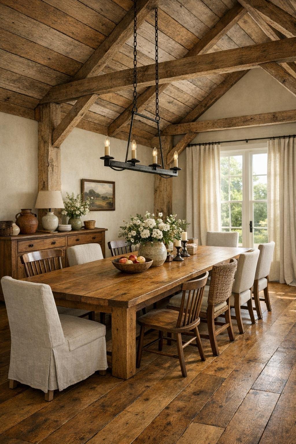Farmhouse dining room with a long oak table, simple chairs, and soft natural light