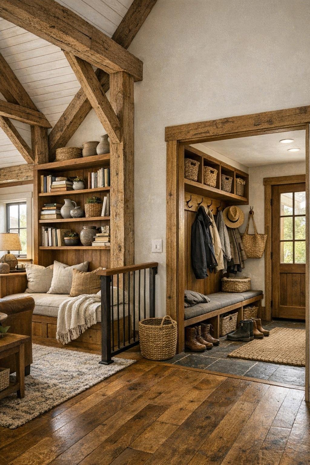 Cozy loft and mudroom details in a barn conversion with built-ins, benches, and warm wood textures