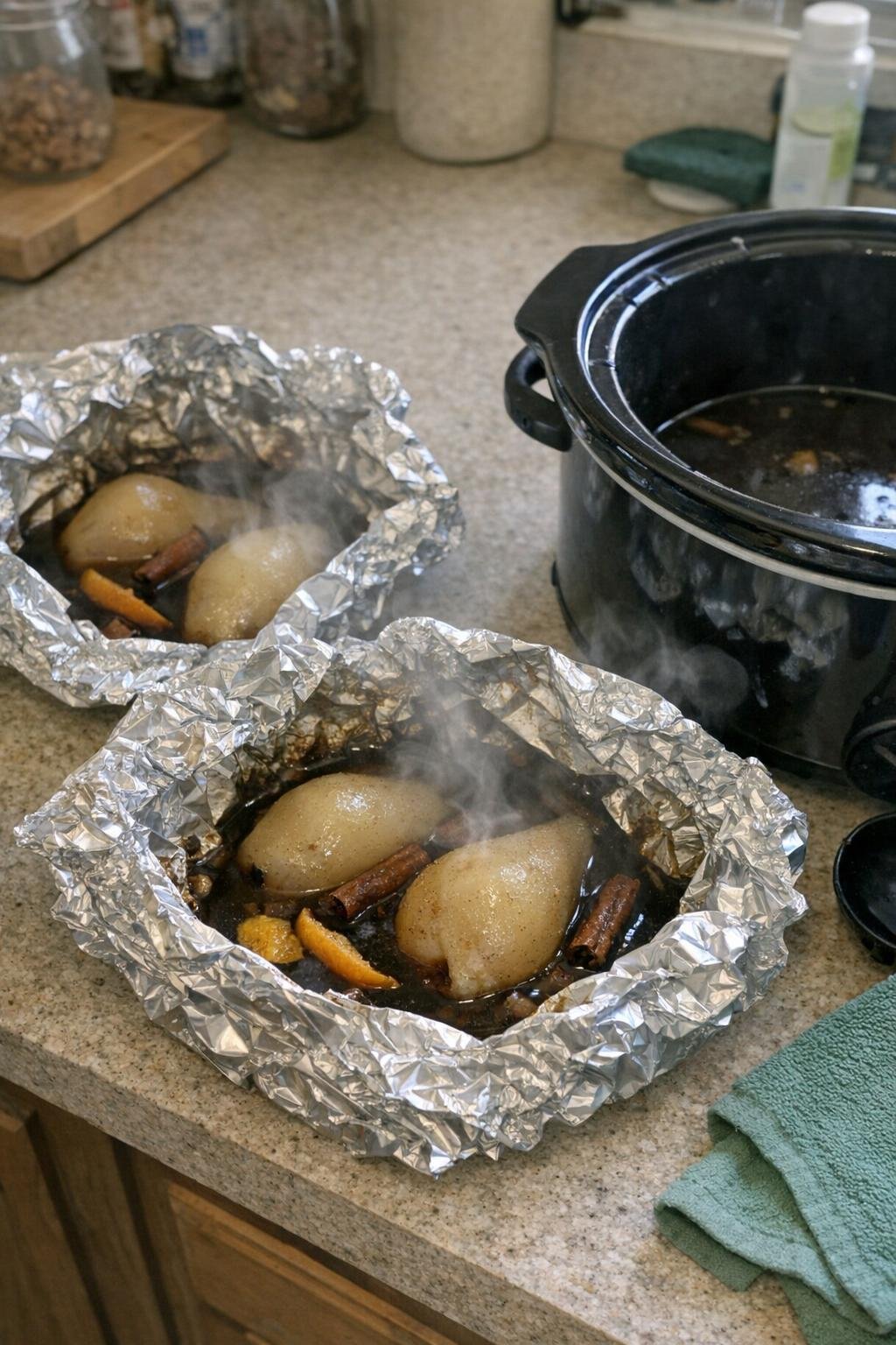 Poached pears in foil with red wine, cinnamon and orange peel