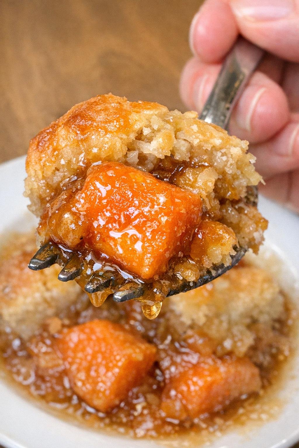 Zoete aardappelcrumble uit de slowcooker, geserveerd op een vork boven een wit bord.