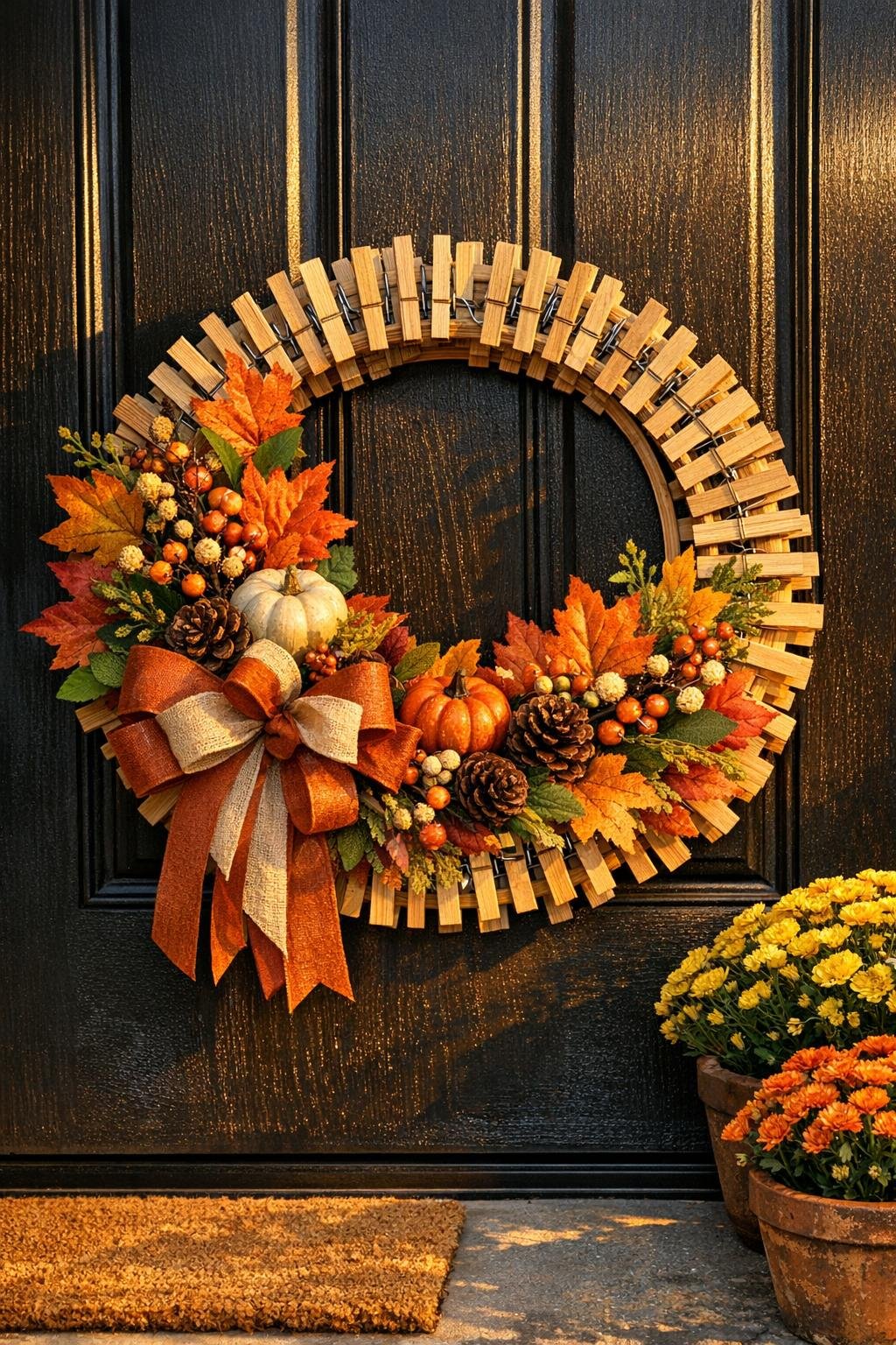 Finished clothespin harvest wreath displayed on a front door