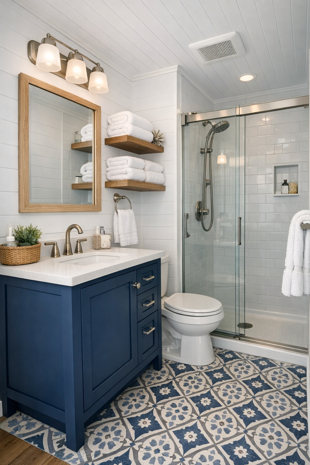 Bright coastal bathroom with a navy vanity, glass shower, and patterned tile floor