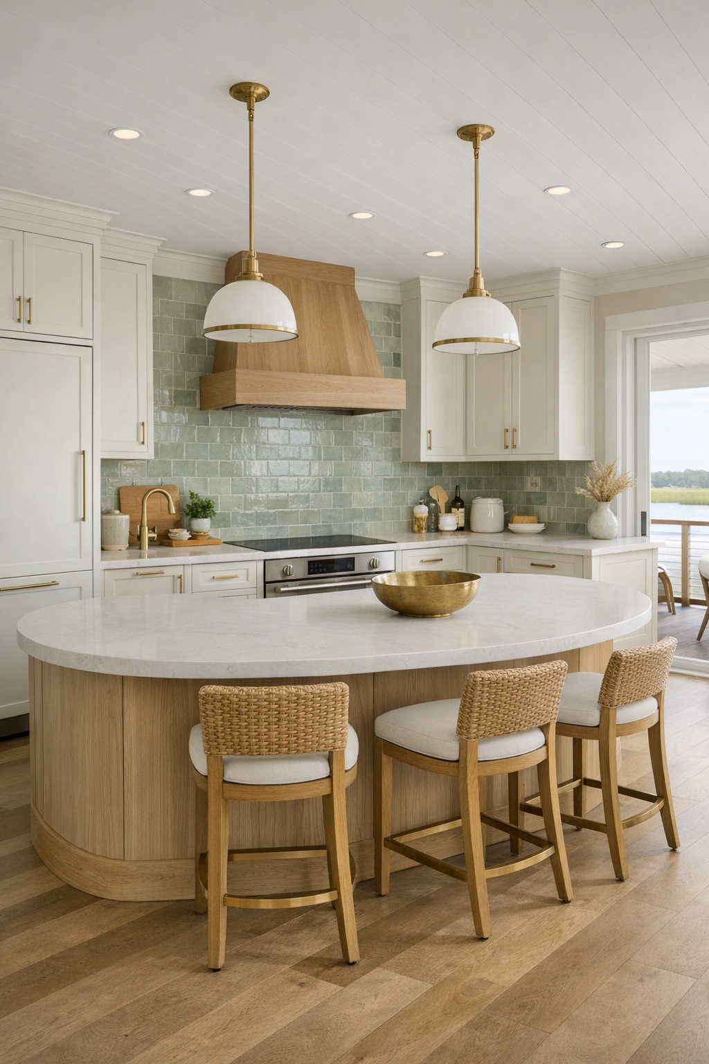 Barrier-free coastal kitchen with rounded island and celadon tile backsplash