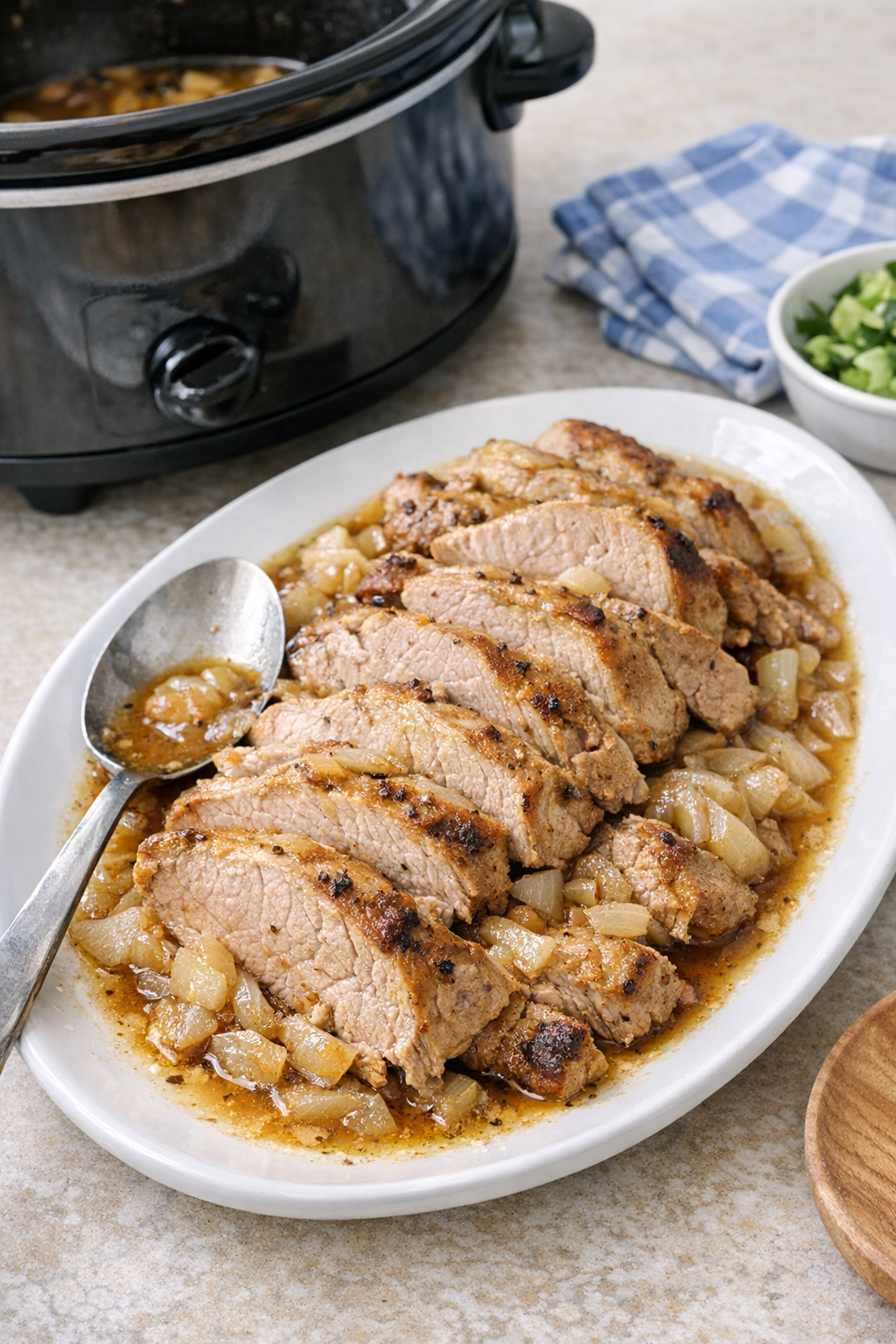 Finished sliced pork sirloin roast on a platter