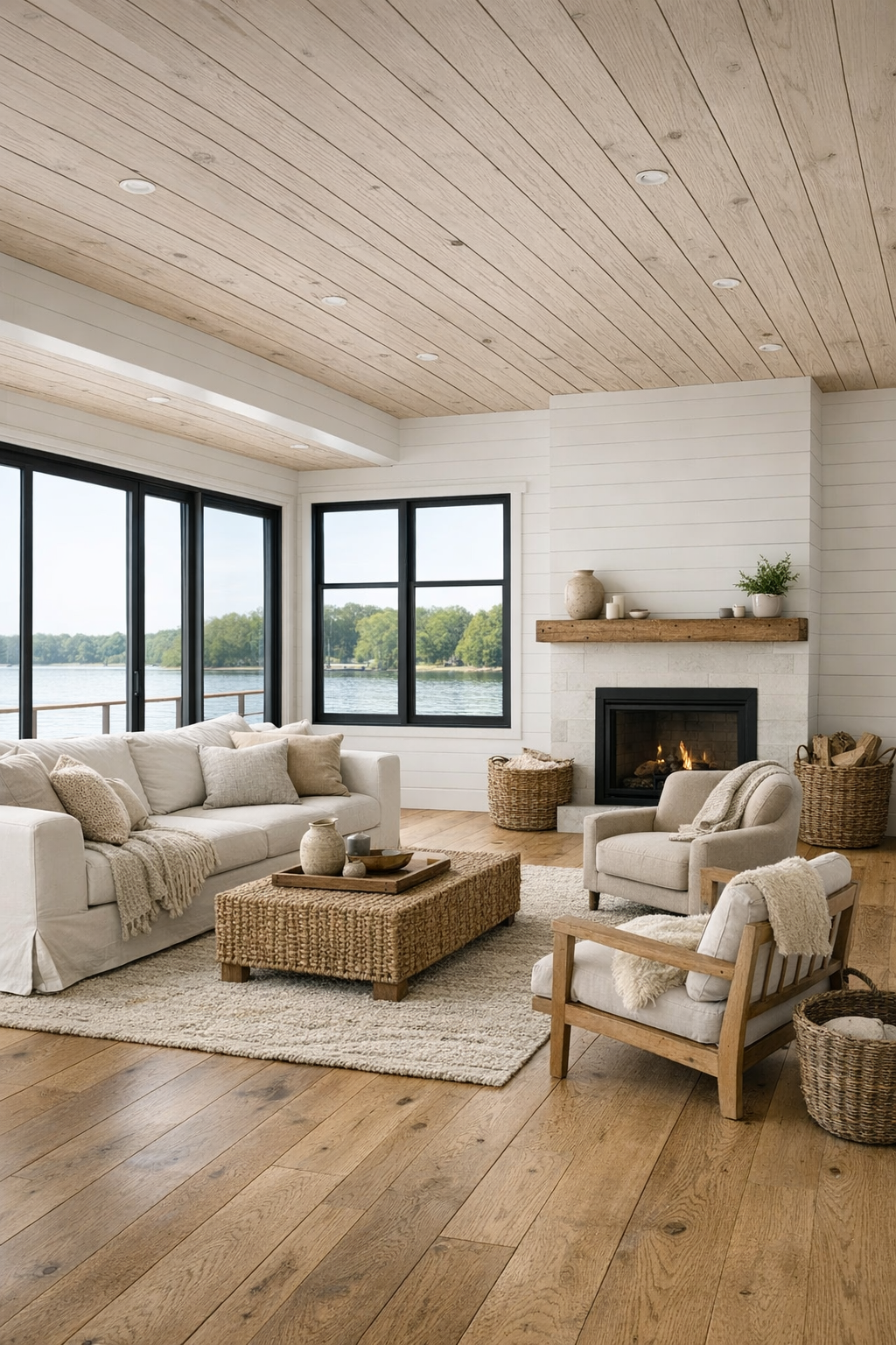 Bright farmhouse-style living room on a houseboat with wide windows and soft neutral seating